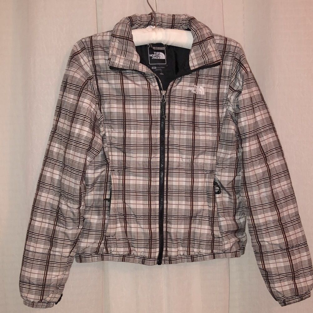 The North Face Plaid White and Black Puffer Jacket